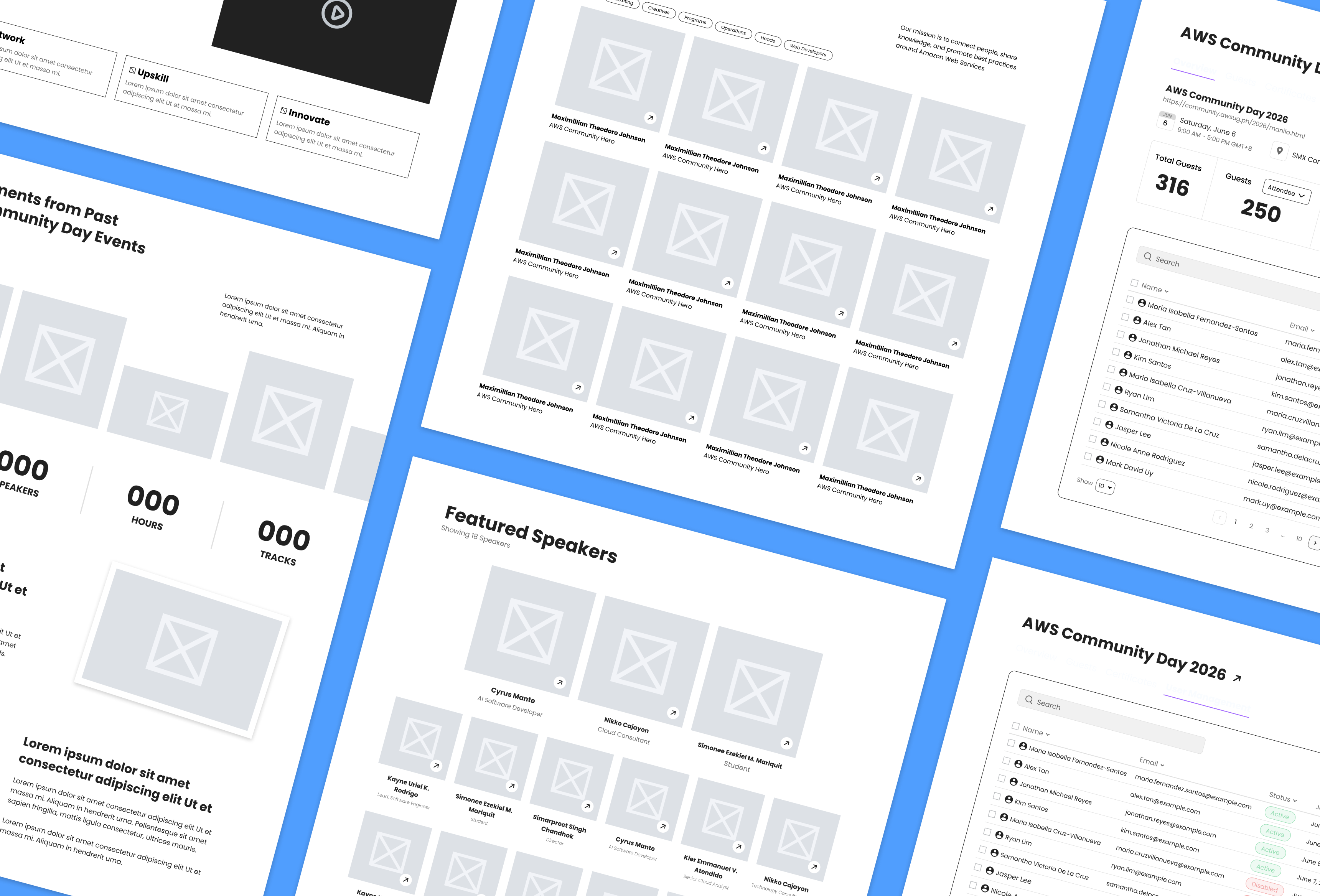 AWS Community Day platform wireframes showcasing featured speakers and guest list