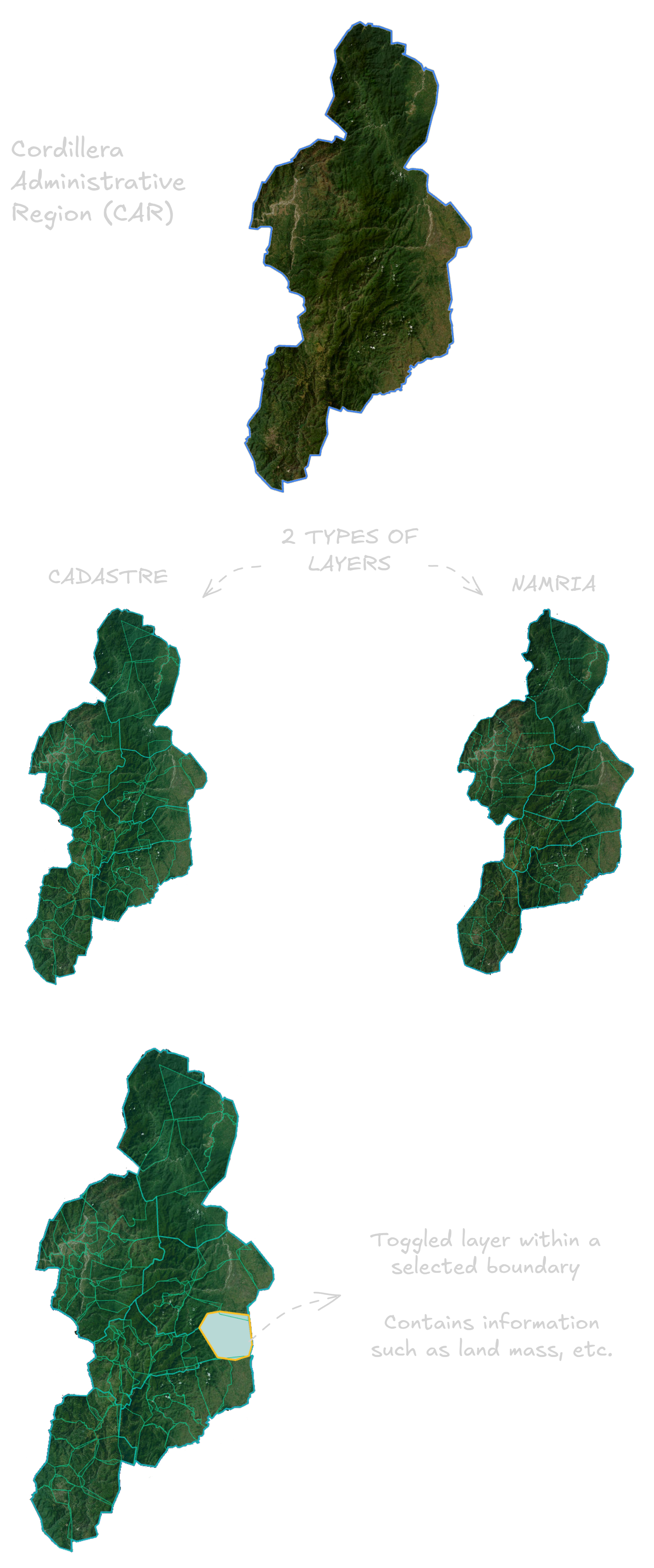Map view comparing NAMRIA and Cadastre boundary datasets